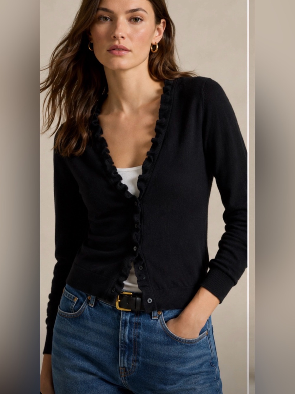 NWT Lauren Ralph Lauren Black Ruffle-Trim V-Neck Cardigan cashmere/Wool size L